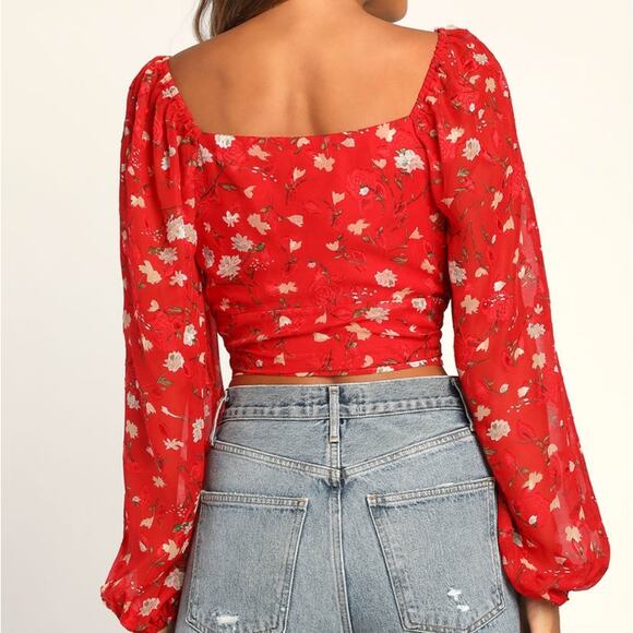Lulu's red floral tie front long sleeve top - Picture 2 of 14